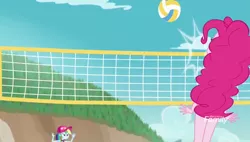 Size: 764x434 | Tagged: safe, derpibooru import, screencap, pinkie pie, rainbow dash, equestria girls, equestria girls series, forgotten friendship, beach, clothes, deflecting, net, playing, reference, scott sterling, smack, sports, swimsuit, volleyball