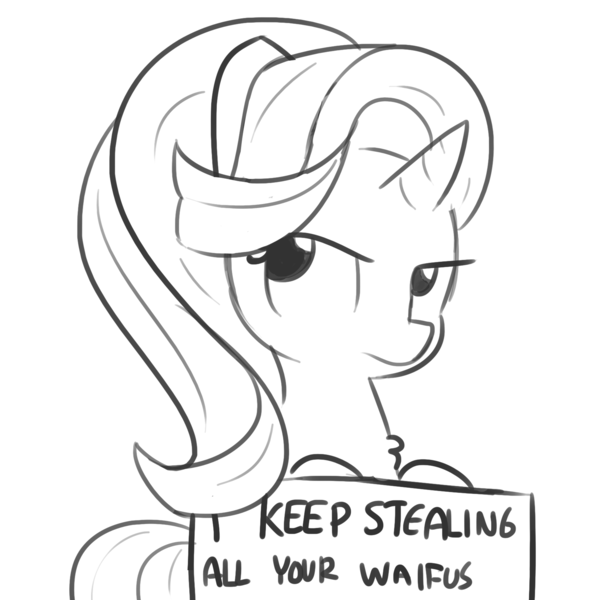 Size: 1650x1650 | Tagged: safe, artist:tjpones, derpibooru import, starlight glimmer, pony, unicorn, chest fluff, female, grayscale, implied lesbian, implied shipping, looking away, mare, meme, monochrome, pony shaming, pure unfiltered evil, shaming, sign, simple background, sketch, solo, waifu, waifu thief, white background