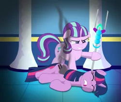 Size: 1827x1551 | Tagged: safe, artist:spellboundcanvas, derpibooru import, starlight glimmer, twilight sparkle, alicorn, pony, unicorn, bad end, burn, de-alicornification, defeated, duo, equal cutie mark, equality, equalized, lying down, nightmare fuel, s5 starlight, side, staff, the bad guy wins, this will end in communism, xk-class end-of-the-world scenario