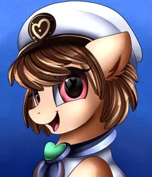 Size: 1722x2003 | Tagged: safe, artist:pridark, derpibooru import, oc, unofficial characters only, pony, blue background, bust, cap, clothes, commission, cute, happy, hat, open mouth, portrait, simple background, solo