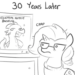 Size: 1650x1650 | Tagged: safe, artist:tjpones, derpibooru import, rarity, spike, pony, unicorn, clothes, female, glasses, grayscale, hilarious in hindsight, karma, mare, mistakes were made, monochrome, older, older rarity, older spike, regret, simple background, sketch, television, white background