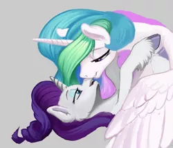 Size: 828x707 | Tagged: suggestive, artist:sinceus, deleted from derpibooru, derpibooru import, princess celestia, rarity, alicorn, pony, unicorn, bedroom eyes, cloven hooves, female, gray background, imminent kissing, lesbian, looking at each other, mare, rarilestia, shipping, simple background, smiling, unshorn fetlocks