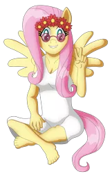 Size: 3257x5015 | Tagged: anthro, artist:sergeant16bit, barefoot, derpibooru import, feet, female, floral head wreath, flower, fluttershy, hippie, hippieshy, peace sign, safe, simple background, solo, sunglasses, transparent background, white dress