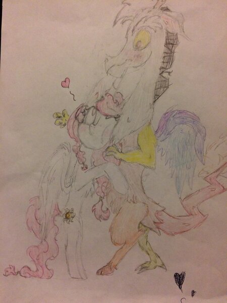 Size: 1024x1365 | Tagged: safe, artist:seriousponylovers, derpibooru import, discord, princess celestia, alicorn, draconequus, pony, blushing, cay-cay, colored pencil drawing, dislestia, female, heart, hug, male, mare, pink hair, shipping, simple background, straight, traditional art, white background, younger