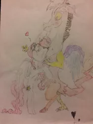 Size: 1024x1365 | Tagged: safe, artist:seriousponylovers, derpibooru import, discord, princess celestia, alicorn, draconequus, pony, blushing, cay-cay, colored pencil drawing, dislestia, female, heart, hug, male, mare, pink hair, shipping, simple background, straight, traditional art, white background, younger