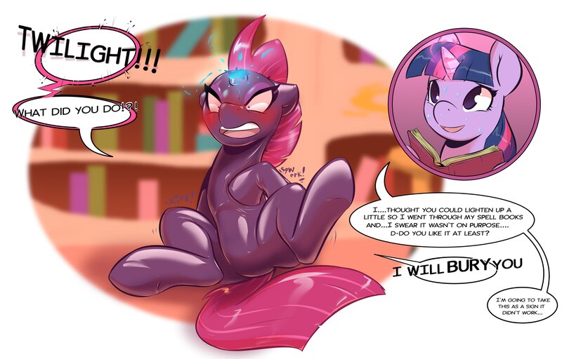 Size: 4096x2621 | Tagged: suggestive, artist:helixjack, derpibooru import, tempest shadow, twilight sparkle, latex pony, original species, pony, rubber pony, my little pony: the movie, angry, book, comic, commission, dialogue, female, females only, fetish, glowing horn, golden oaks library, image, jpeg, latex, nervous, rubber, shiny, sound effects, sparking horn, spellbook, squeak, sweat, time paradox, transformation