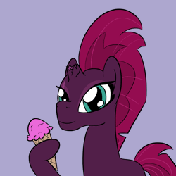 Size: 1200x1200 | Tagged: safe, artist:phat_guy, derpibooru import, fizzlepop berrytwist, tempest shadow, unicorn, my little pony: the movie, animated, blue background, broken, broken horn, deja vu, dripping, eye scar, female, food, hoof hold, ice cream, ice cream cone, looking at something, looking at you, mare, missing cutie mark, raised hoof, raised leg, ripped, sad, scar, shit happens, simple background, smiling, solo, the implications are horrible, trauma, traumatized, we are going to hell