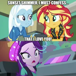 Size: 2048x2048 | Tagged: safe, derpibooru import, edit, edited screencap, screencap, starlight glimmer, sunset shimmer, trixie, equestria girls, equestria girls series, forgotten friendship, mirror magic, spoiler:eqg specials, beanie, female, hat, lesbian, shipping, shocked, suntrix