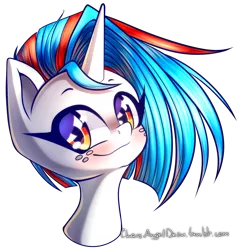 Size: 1400x1468 | Tagged: safe, artist:chaosangeldesu, derpibooru import, oc, oc:aqua jewel, unofficial characters only, pony, unicorn, blushing, bust, female, freckles, happy, mare, multicolored hair, portrait, simple background, smiling, solo, transparent background