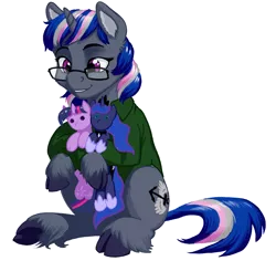 Size: 1800x1700 | Tagged: safe, artist:amarynceus, deleted from derpibooru, derpibooru import, princess luna, twilight sparkle, oc, oc:amarynceus, pony, unicorn, clothes, cloven hooves, commission, female, glasses, lesbian, mare, plushie, shipper on deck, shipping, shirt, simple background, sitting, solo, transparent background, twiluna, unshorn fetlocks, ych result