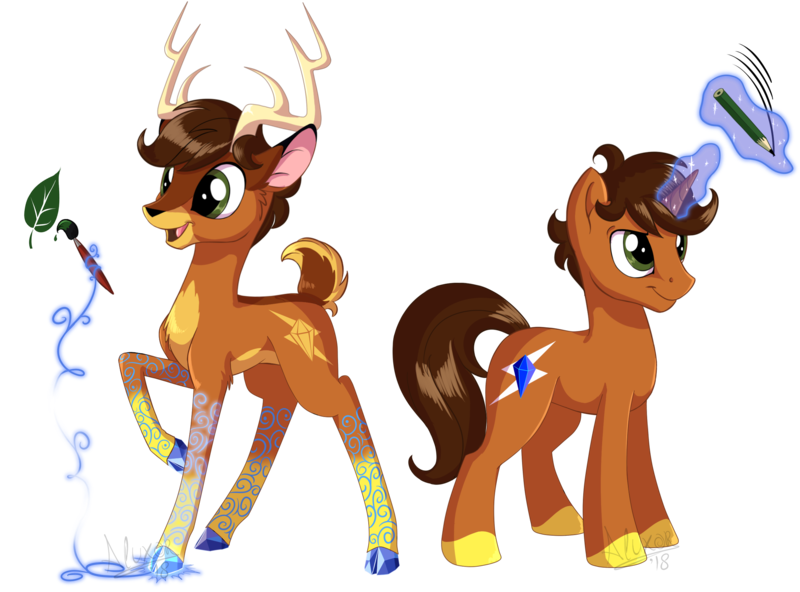 Size: 2329x1723 | Tagged: safe, artist:sirzi, derpibooru import, oc, oc:aluxor, deer, original species, pony, unicorn, vitrung, colored hooves, deer oc, levitation, magic, paintbrush, pencil, raised hoof, simple background, solo, species swap, telekinesis, transparent background