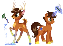 Size: 2329x1723 | Tagged: safe, artist:sirzi, derpibooru import, oc, oc:aluxor, deer, original species, pony, unicorn, vitrung, colored hooves, deer oc, levitation, magic, paintbrush, pencil, raised hoof, simple background, solo, species swap, telekinesis, transparent background