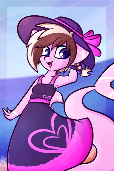 Size: 1500x2245 | Tagged: anthro, armpits, artist:ashee, clothes, derpibooru import, dress, hat, oc, oc:ashee, original species, safe, shark, shark pony, smiling, solo