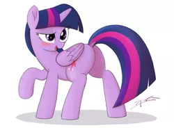 Size: 2732x2048 | Tagged: safe, artist:lemonspark, derpibooru import, twilight sparkle, twilight sparkle (alicorn), alicorn, pony, blushing, dock, high res, plot, raised eyebrow, raised hoof, simple background, solo, white background