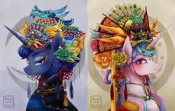 Size: 3000x1913 | Tagged: safe, artist:buryooooo, derpibooru import, princess celestia, princess luna, alicorn, bird, peacock, pony, alternate hairstyle, chinese new year, clothes, duo, eyeshadow, female, looking at you, makeup, mare, smiling