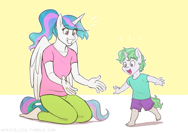 Size: 4092x2893 | Tagged: safe, artist:feellikeaplat, deleted from derpibooru, derpibooru import, princess celestia, oc, oc:beacon, alicorn, anthro, plantigrade anthro, unicorn, alternate hairstyle, anthro oc, barefoot, casual clothing, clothes, feet, female, male, mare, momlestia, mother and son, offspring, pants, parent:oc:rally flag, parent:princess celestia, parents:canon x oc, parents:rallylestia, ring, shirt, shorts, t-shirt, wedding ring