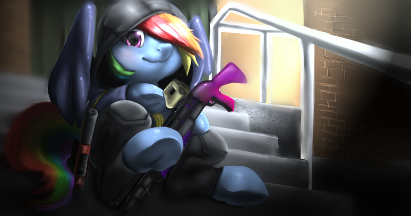 Size: 4096x2160 | Tagged: safe, artist:theprince, derpibooru import, rainbow dash, pegasus, pony, clothes, female, gun, hibana, hoodie, looking at you, mare, rainbow six siege, solo, weapon