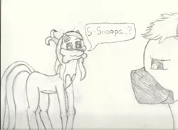 Size: 2338x1700 | Tagged: artist:2tailedderpy, blushing, derpibooru import, dialogue, dog, fox, heart, hybrid, oc, oc:snoopy stallion, oc:two-tailed derpy, pencil drawing, ponytail, rule 63, safe, text, traditional art