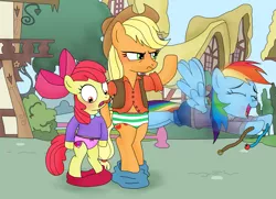 Size: 4033x2915 | Tagged: suggestive, artist:elephanteddie, derpibooru import, apple bloom, applejack, rainbow dash, pony, semi-anthro, absurd resolution, angry, assisted exposure, belt, bipedal, blushing, bow, clothes, cowboy hat, embarrassed, embarrassed underwear exposure, frilly underwear, hat, humiliation, panties, pants, pants down, pantsing, pink underwear, ponyville, prank, ribbon, shorts, skirt, skirt pulled down, stetson, striped underwear, underwear, undressing