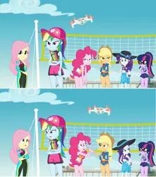 Size: 1920x2174 | Tagged: safe, derpibooru import, screencap, applejack, fluttershy, pinkie pie, rainbow dash, rarity, sci-twi, twilight sparkle, equestria girls, equestria girls series, forgotten friendship, clothes, derp, drone, pinkie derp, selfie drone, swimsuit, volleyball net, wetsuit