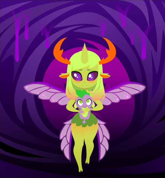 Size: 3642x3933 | Tagged: anthro, artist:alpaca-pharaoh, blushing, changedling, changeling, cute, cuteling, derpibooru import, dragon, duo, female, king thorax, lineless, looking at you, male, mesosoma, queen mesosoma, rule 63, safe, spike, thorax