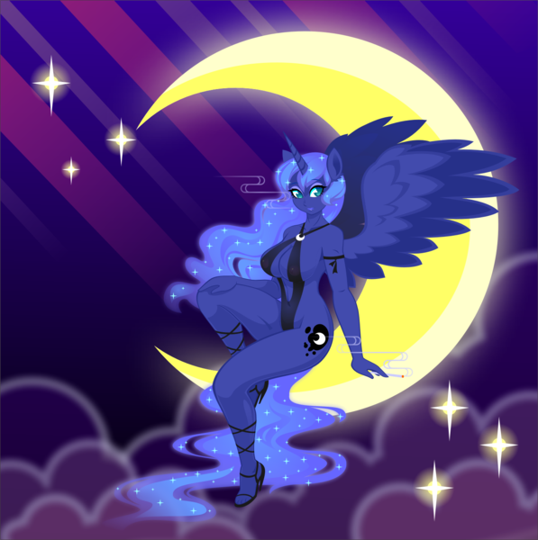 Size: 1350x1357 | Tagged: absolute cleavage, alicorn, anthro, artist:alpaca-pharaoh, breasts, busty princess luna, cigarette, cleavage, clothes, derpibooru import, dress, female, high heels, looking at you, moon, nipples, nudity, princess luna, questionable, shoes, smoking, solo, solo female, tangible heavenly object, wings