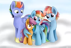 Size: 1024x696 | Tagged: artist:envygirl95, bow hothoof, cloud, derpibooru import, family, father, female, happy, hug, male, missing accessory, mother, rainbow dash, safe, scootaloo, scootalove, sisters, windy whistles, winghug