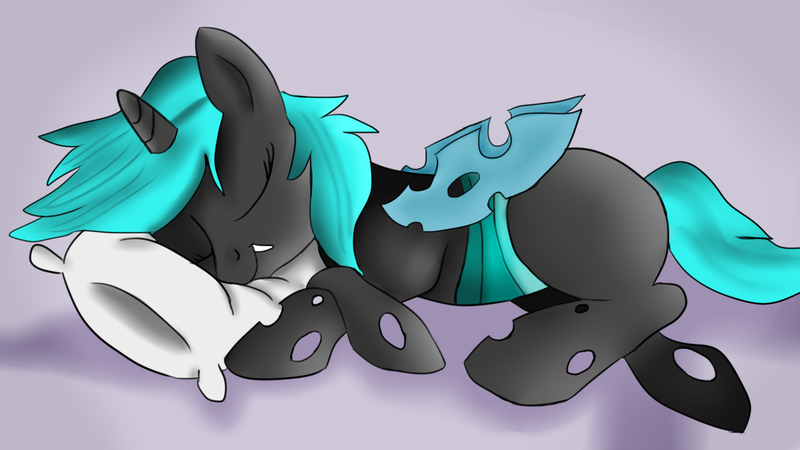 Size: 1280x720 | Tagged: artist:jbond, blue changeling, changeling, changeling oc, commission, derpibooru import, male, oc, pillow, safe, sleeping, unofficial characters only