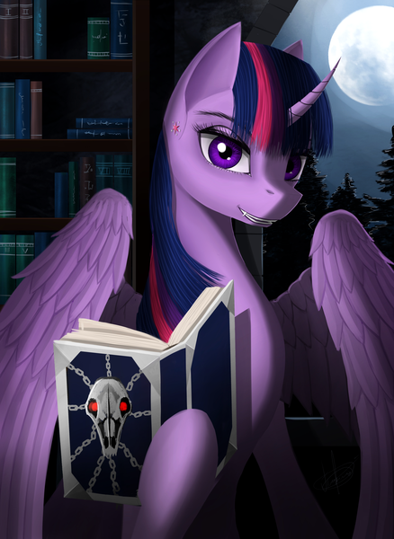 Size: 2473x3389 | Tagged: alicorn, artist:dezdark, book, bookcase, cloud, curved horn, derpibooru import, ear piercing, fangs, horn, looking at you, moon, night, piercing, safe, skull, sky, twilight sparkle, twilight sparkle (alicorn), vampire, wings