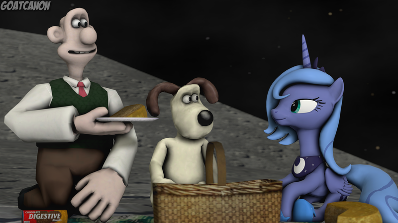 Size: 3840x2160 | Tagged: safe, artist:goatcanon, derpibooru import, princess luna, alicorn, pony, 3d, a grand day out, cheese, crossover, food, gromit, luna and the nauts, moon, s1 luna, source filmmaker, wallace, wallace and gromit
