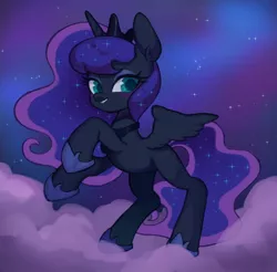 Size: 1200x1182 | Tagged: safe, artist:ikirunosindo, derpibooru import, princess luna, alicorn, pony, female, horn, jewelry, looking at you, mare, night, raised hoof, sky, solo, stars, tiara, wings