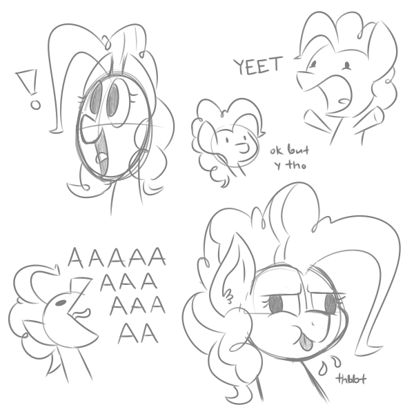 Size: 600x600 | Tagged: safe, artist:glimglam, derpibooru import, pinkie pie, aaaaaaaaaa, grayscale, monochrome, onomatopoeia, open mouth, raspberry, raspberry noise, simple background, sketch, sketch dump, tongue out, white background