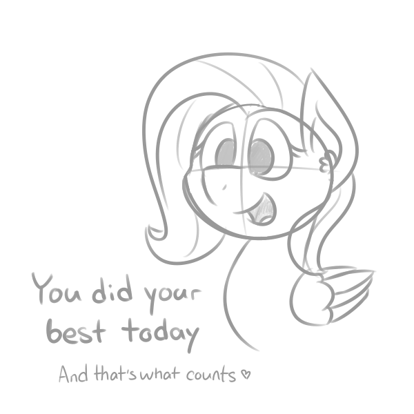 Size: 600x600 | Tagged: safe, artist:glimglam, derpibooru import, fluttershy, pegasus, pony, bust, dialogue, female, folded wings, grayscale, heart, mare, monochrome, motivational, open mouth, positive message, positive ponies, simple background, sketch, smiling, solo, talking, talking to viewer, white background