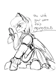 Size: 1545x2000 | Tagged: safe, artist:aphexangel, derpibooru import, oc, oc:cold front, pegasus, pony, clothes, crossdressing, dialogue, dress, funny, jewelry, looking at you, maid, manly, mirror, monochrome, necklace, sitting, sketch, solo, text, that stallion sure does love dresses