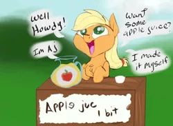 Size: 3000x2200 | Tagged: safe, artist:veesocks, derpibooru import, applejack, earth pony, pony, 30 minute art challenge, apple juice, cute, dialogue, female, filly, filly applejack, fluffy, hnnng, howdy, jackabetes, juice, open mouth, smiling, solo, speech bubble, stand, younger