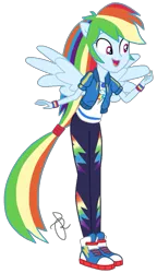 Size: 1179x2048 | Tagged: safe, artist:ilaria122, derpibooru import, rainbow dash, equestria girls, equestria girls series, clothes, converse, geode of super speed, happy, magical geodes, open mouth, pants, ponied up, shoes, simple background, sneakers, solo, transparent background