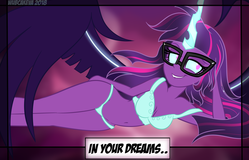 Size: 1400x900 | Tagged: suggestive, artist:wubcakeva, derpibooru import, sci-twi, twilight sparkle, equestria girls, bra, breasts, causal midnight sparkle, clothes, female, glasses, lip bite, midnight sparkle, panties, smiling, solo, solo female, underwear