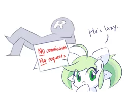 Size: 961x699 | Tagged: artist:rvceric, derpibooru import, dialogue, duo, hoof over mouth, human, lazy, looking at you, oc, oc:emerald green, safe, self insert, simple background, white background