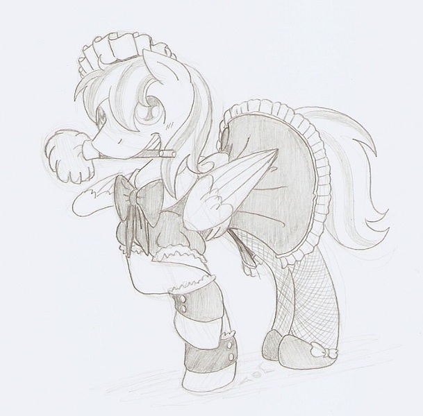 Size: 751x740 | Tagged: safe, artist:ravenpuff, deleted from derpibooru, derpibooru import, oc, oc:cold front, pegasus, pony, bow, bowtie, clothes, crossdressing, crossover, dress, duster, looking at you, maid, male, pegasus oc, pencil drawing, shoes, sketch, smiling, solo, stallion, tail, traditional art, wings