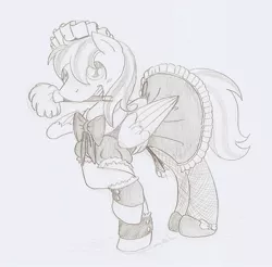 Size: 751x740 | Tagged: safe, artist:ravenpuff, deleted from derpibooru, derpibooru import, oc, oc:cold front, pegasus, pony, bow, bowtie, clothes, crossdressing, crossover, dress, duster, looking at you, maid, male, pegasus oc, pencil drawing, shoes, sketch, smiling, solo, stallion, tail, traditional art, wings