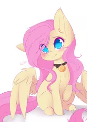 Size: 800x1119 | Tagged: safe, artist:teranen, derpibooru import, fluttershy, pegasus, pony, blushing, collar, cute, daaaaaaaaaaaw, eye clipping through hair, female, flutterpet, hai, head tilt, hnnng, looking at you, mare, no pupils, pet tag, pony pet, raised hoof, shyabetes, simple background, sitting, solo, spread wings, weapons-grade cute, white background, wings