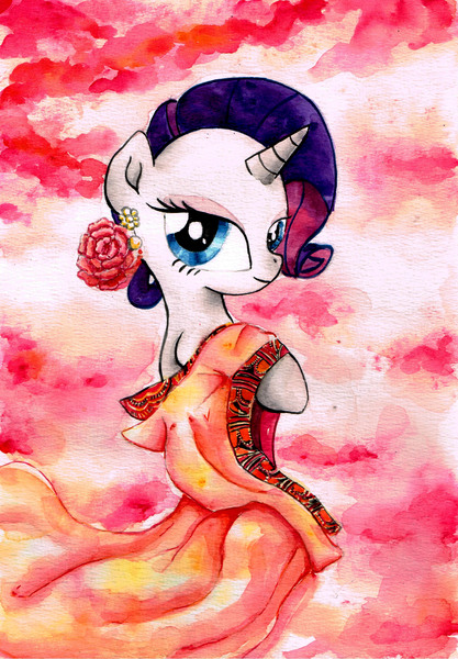 Size: 2389x3437 | Tagged: safe, artist:shiinadrawmiku, derpibooru import, rarity, pony, unicorn, abstract background, clothes, dress, female, flower, mare, solo, traditional art, watercolor painting