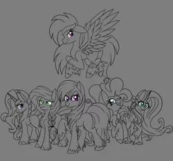 Size: 1024x956 | Tagged: safe, artist:xxmelody-scribblexx, derpibooru import, applejack, fluttershy, pinkie pie, rainbow dash, rarity, twilight sparkle, earth pony, pegasus, pony, unicorn, leak, spoiler:g5, applejack (g5), braid, earth pony twilight, fluttershy (g5), g5, gray background, mane six, mane six (g5), one eye closed, partial color, pegasus pinkie pie, pinkie pie (g5), race swap, rainbow dash (g5), rarity (g5), simple background, spoiler, twilight sparkle (g5), unicorn fluttershy, wink