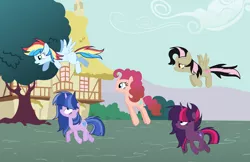 Size: 3032x1968 | Tagged: safe, artist:thesmall-artist, derpibooru import, oc, oc:candy pie, oc:galaxy sparkle, oc:harmony, oc:magic shield, oc:speed dash, unofficial characters only, earth pony, hybrid, pegasus, pony, unicorn, female, flying, interspecies offspring, magical lesbian spawn, mare, offspring, parent:cheese sandwich, parent:discord, parent:flash sentry, parent:fluttershy, parent:pinkie pie, parent:rainbow dash, parent:soarin', parent:tempest shadow, parent:twilight sparkle, parents:cheesepie, parents:discoshy, parents:flashlight, parents:soarindash, parents:tempestlight, pronking