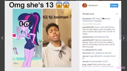 Size: 884x497 | Tagged: safe, derpibooru import, edit, edited screencap, screencap, twilight sparkle, human, equestria girls, equestria girls series, bionicpig, clothes, drama, fiji.boiimari, instagram, irl, irl human, it's just a prank bro, joke, meme, photo, swimsuit, youtube link