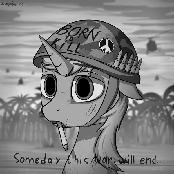 Size: 2000x2000 | Tagged: safe, artist:adagiostring, derpibooru import, oc, unofficial characters only, pony, unicorn, born to kill, born to x, bust, cigarette, full metal jacket, grayscale, helicopter, helmet, jungle, male, military, monochrome, portrait, soldier, solo, stallion, thousand yard stare, vietnam war