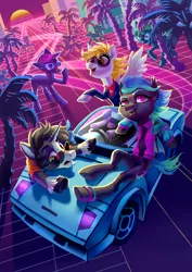 Size: 2480x3507 | Tagged: safe, artist:holivi, derpibooru import, derpy hooves, oc, oc:moondrive, oc:sentinel, bat pony, pegasus, pony, unicorn, bat pony oc, car, derpfest, outrun, racing, retrowave