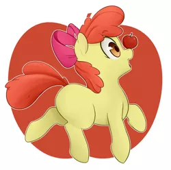 Size: 1280x1269 | Tagged: safe, artist:zoarity, derpibooru import, apple bloom, pony, abstract background, adorabloom, apple, blank flank, bow, cute, female, filly, food, hair bow, open mouth, ponies balancing stuff on their nose, solo, trotting