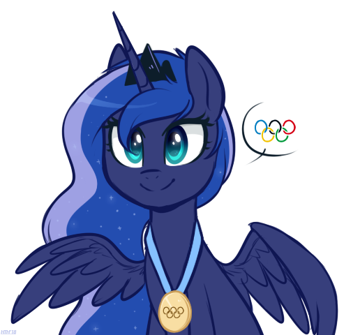 Size: 516x480 | Tagged: safe, artist:higgly-chan, derpibooru import, princess luna, alicorn, pony, bust, crown, cute, female, gold medal, jewelry, mare, medal, olympic rings, olympics, pictogram, regalia, simple background, smiling, solo, white background