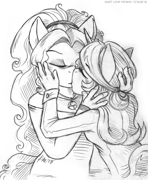 Size: 904x1100 | Tagged: safe, artist:kaemantis, deleted from derpibooru, derpibooru import, adagio dazzle, sunset shimmer, anthro, siren, unicorn, female, gem, grayscale, kissing, lesbian, monochrome, shipping, simple background, siren gem, sunsagio, white background